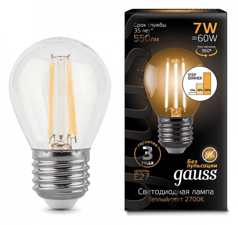 Лампа светодиодная Gauss LED Filament Globe E27 7Вт 2700K 105802107-S