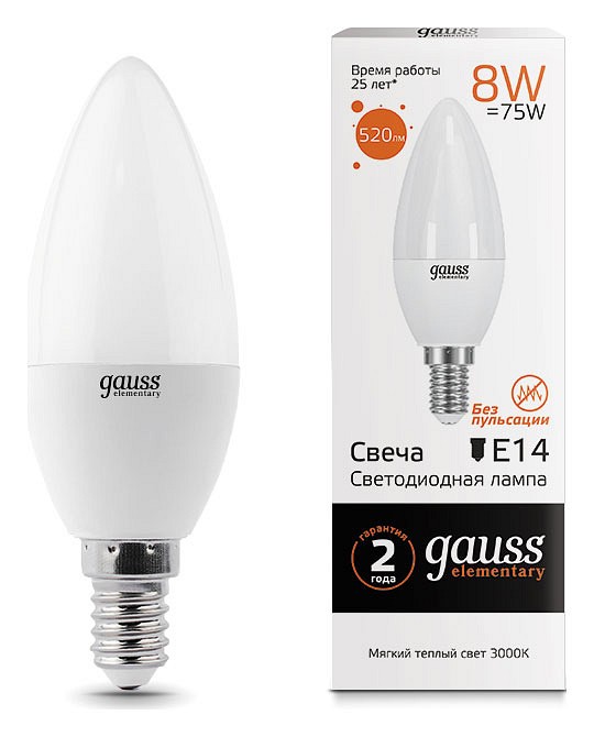 Лампа светодиодная Gauss LED Elementary Candle E14 8Вт 3000K 33118