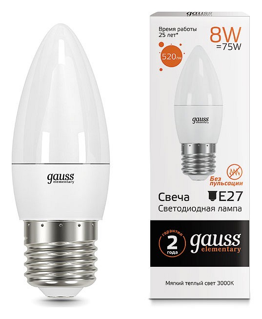 Лампа светодиодная Gauss LED Elementary Candle E27 8Вт 3000K 33218