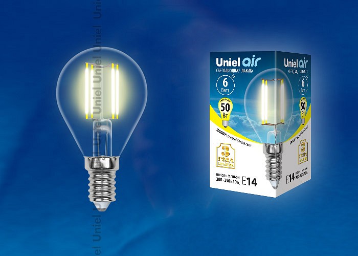 Лампа светодиодная Uniel Air E14 6Вт 3000K LED-G45-6W/WW/E14/CL GLA01TR картон