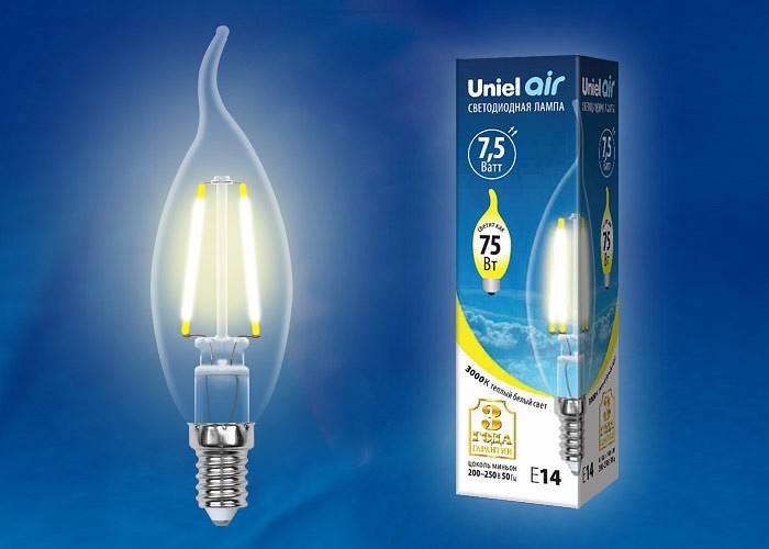 Лампа светодиодная Uniel Air E14 7.5Вт 3000K LED-CW35-7,5W/WW/E14/CL GLA01TR картон