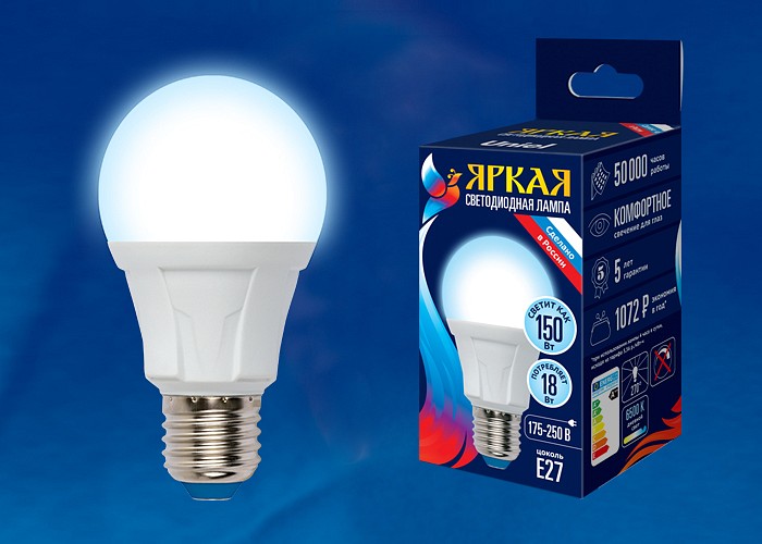 Лампа светодиодная Uniel Яркая E27 18Вт 6500K LED-A60 18W/6500K/E27/FR PLP01WH картон